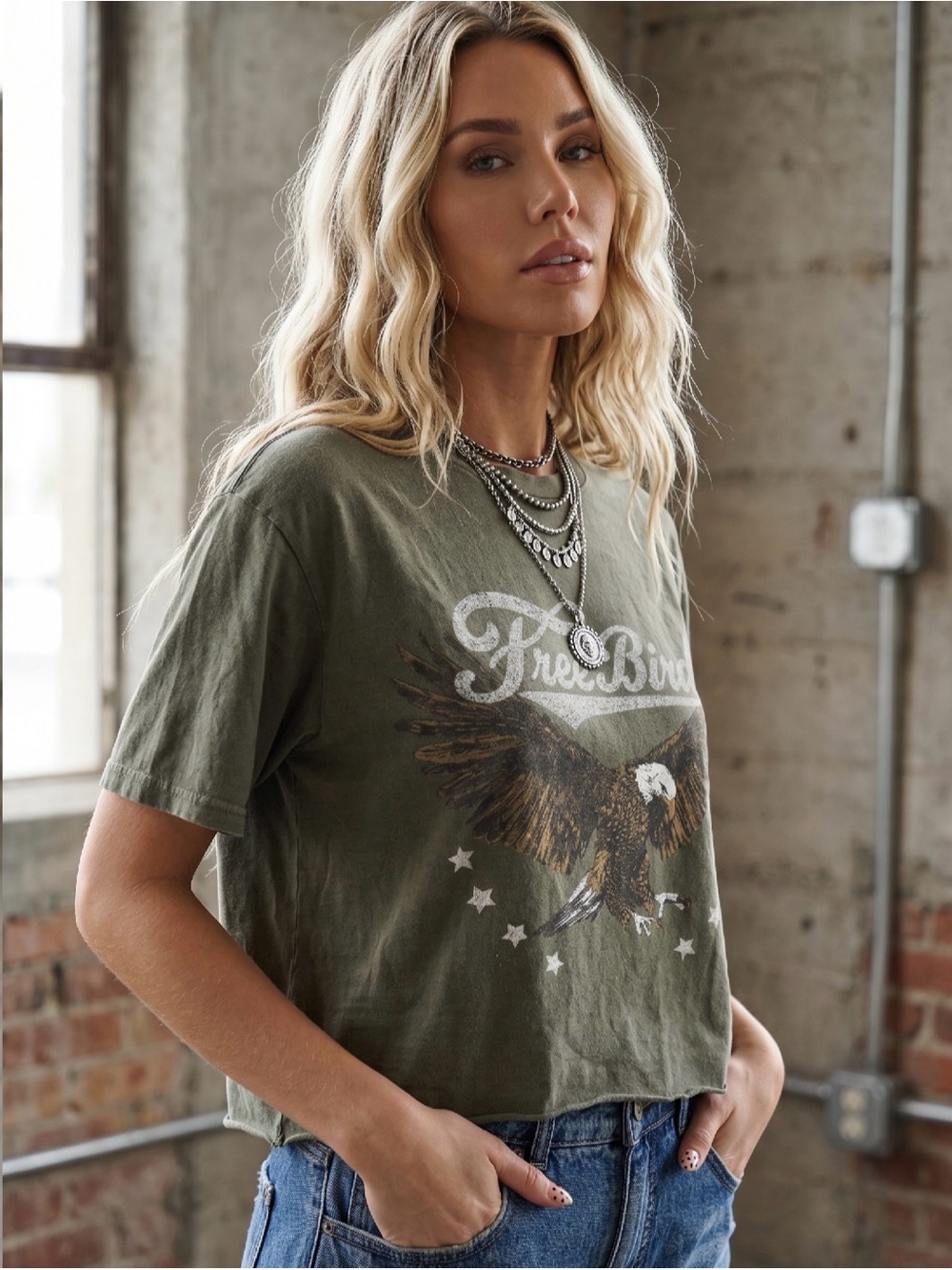 NWT Free Bird Puff Graphic Cropped Tee Crop Top Washed Olive Army Green T-Shirt - Picture 4 of 6